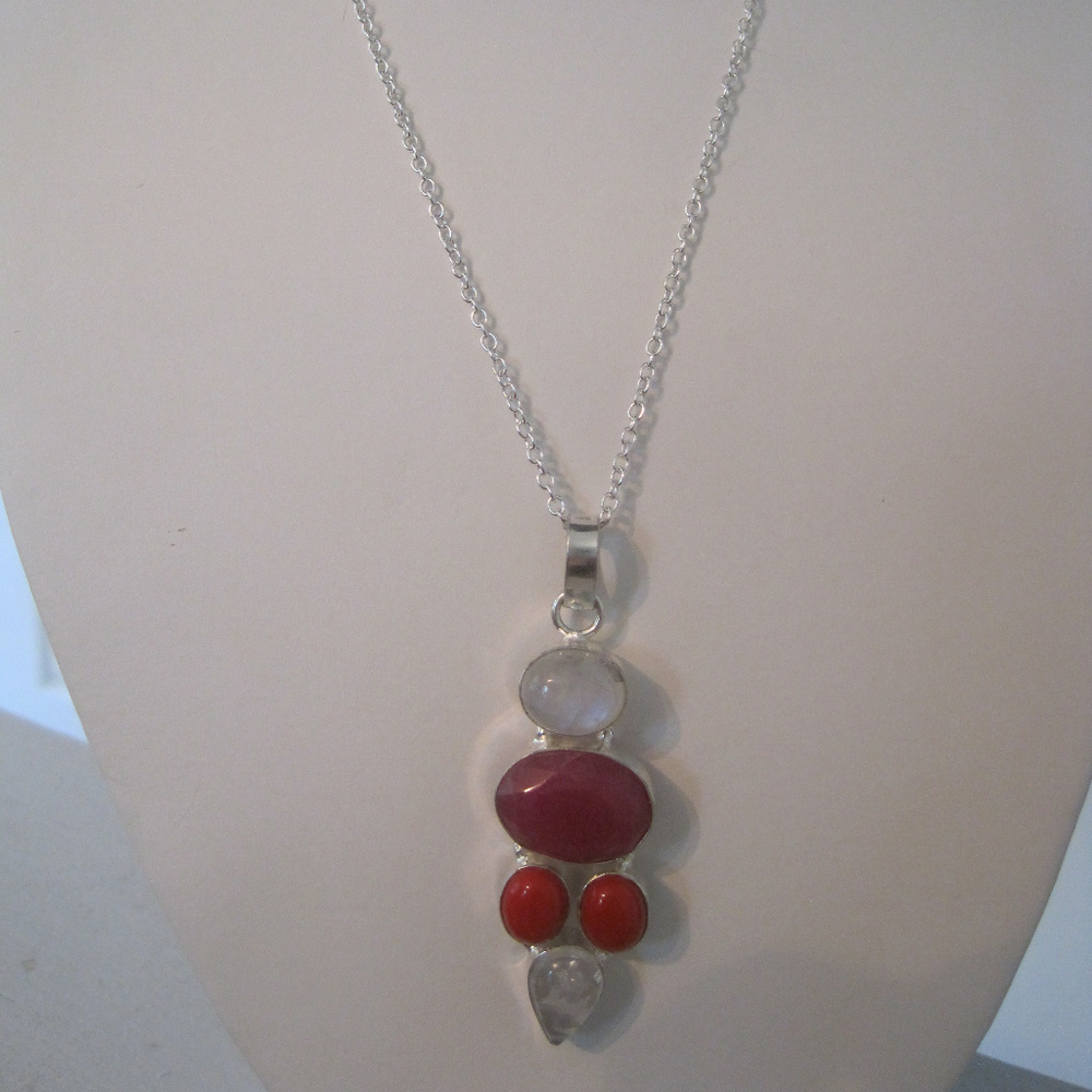 ARTISAN MOONSTONE RUBY CORAL PENDANT  NECKLACE